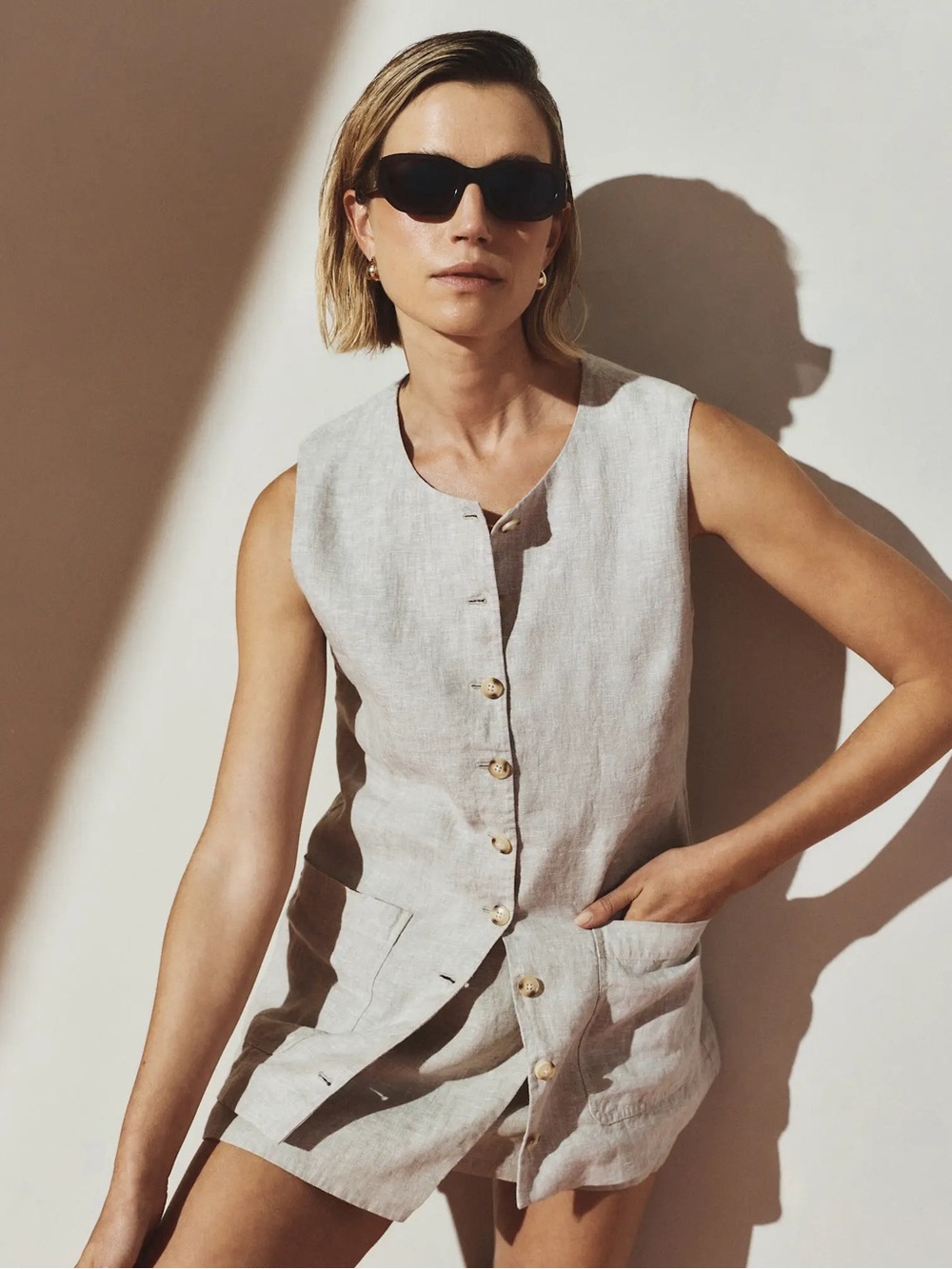 Quince 100% European Linen Longline Vest Flax Natural Beige Medium
